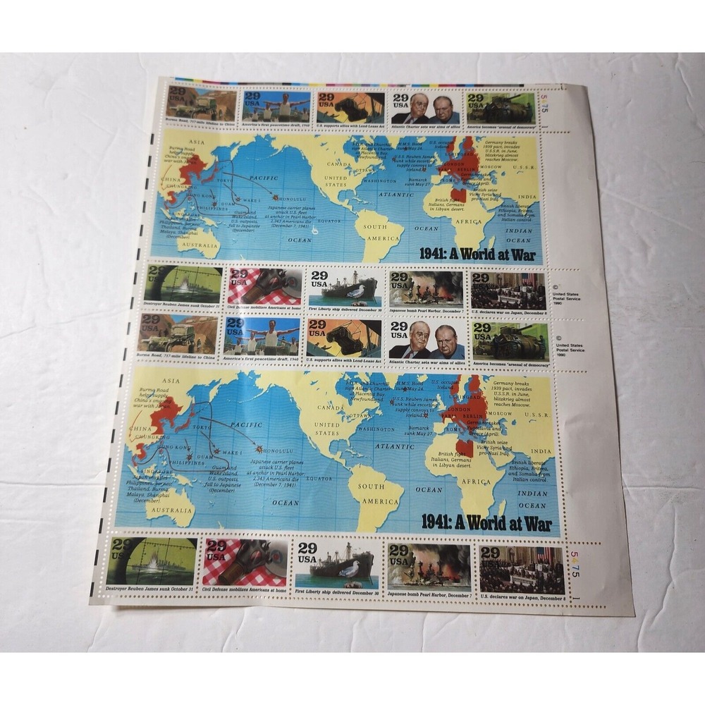 1941: A World at War Full Page Set 20 USPS .29c Stamps + Map Vintage 1990
